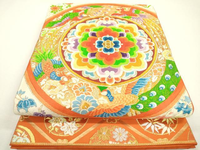 平和屋着物▼六通柄袋帯 唐織 花鳥絵皿文 金糸 正絹 逸品 DAAX9409fe