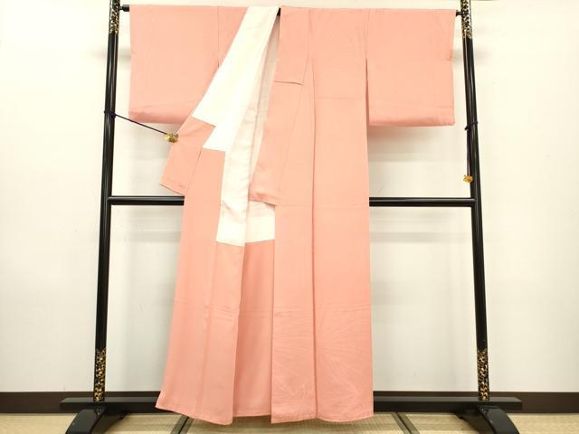 平和屋着物●上質な色無地 松葉地紋 珊瑚色 正絹 逸品 DAAX9927fe