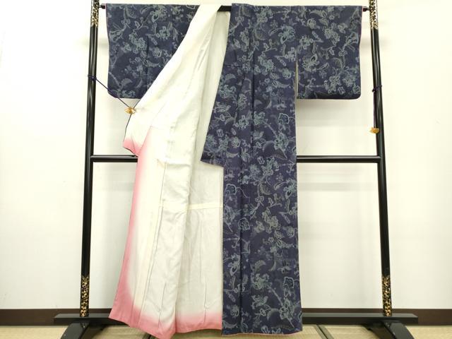 平和屋着物●上質な小紋　更紗花唐草文　鬼しぼ縮緬　正絹　逸品　DAAX9931fe
