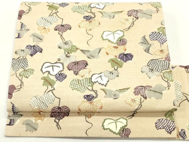 平和屋着物●九寸名古屋帯　型染め　蔦の葉文　お召縮緬　正絹　逸品　DAAY0010ob