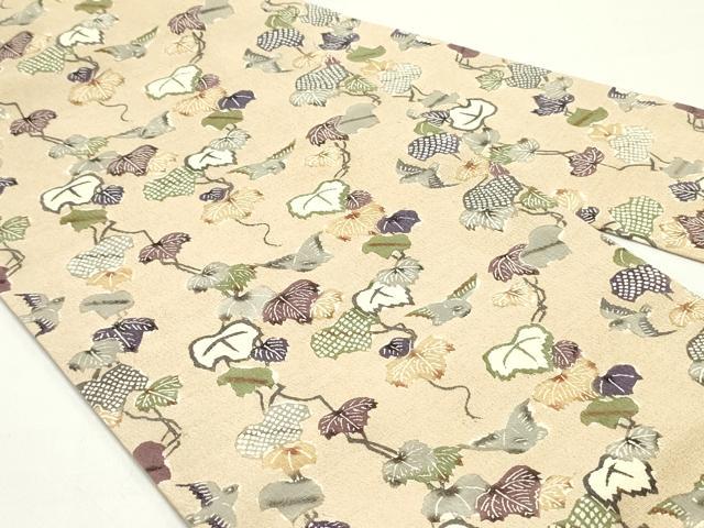 平和屋着物●九寸名古屋帯　型染め　蔦の葉文　お召縮緬　正絹　逸品　DAAY0010ob