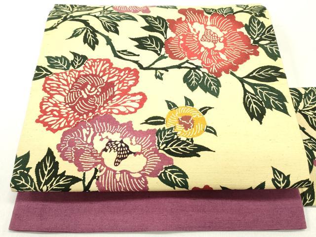 平和屋着物●九寸名古屋帯 紬地 型染め 草花文 正絹 逸品 DAAY0042ob