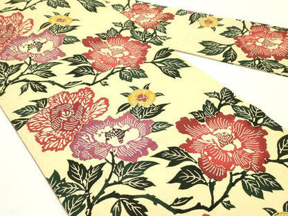平和屋着物●九寸名古屋帯 紬地 型染め 草花文 正絹 逸品 DAAY0042ob