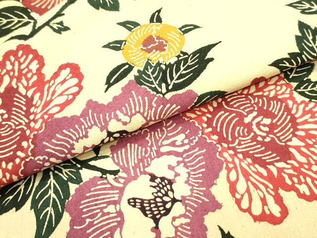 平和屋着物●九寸名古屋帯 紬地 型染め 草花文 正絹 逸品 DAAY0042ob