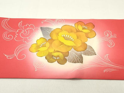 平和屋着物●塩瀬　九寸名古屋帯　手描き　草花文　紅赤色　金銀彩　正絹　逸品　DAAY0047ob