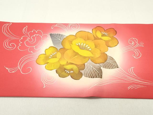 平和屋着物●塩瀬　九寸名古屋帯　手描き　草花文　紅赤色　金銀彩　正絹　逸品　DAAY0047ob