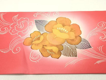 平和屋着物●塩瀬　九寸名古屋帯　手描き　草花文　紅赤色　金銀彩　正絹　逸品　DAAY0047ob