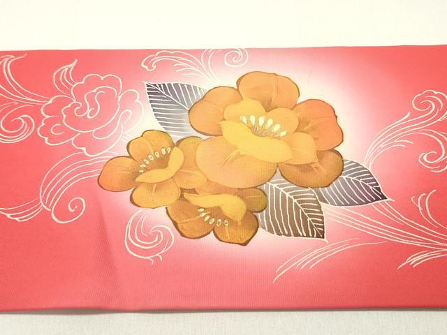 平和屋着物●塩瀬　九寸名古屋帯　手描き　草花文　紅赤色　金銀彩　正絹　逸品　DAAY0047ob