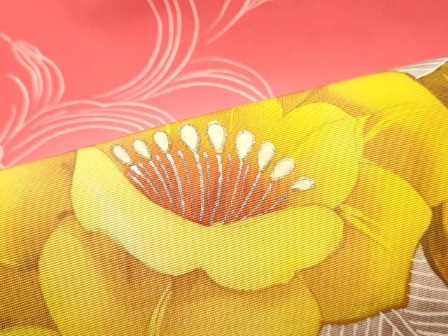平和屋着物●塩瀬　九寸名古屋帯　手描き　草花文　紅赤色　金銀彩　正絹　逸品　DAAY0047ob