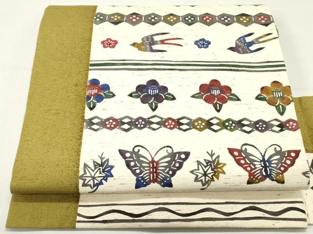 平和屋着物●九寸名古屋帯 作家物 ぜんまい紬 紅型 舞蝶花鳥間道 正絹 逸品 DAAY0051ob