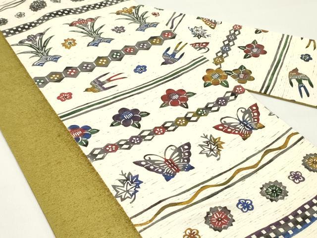 平和屋着物●九寸名古屋帯 作家物 ぜんまい紬 紅型 舞蝶花鳥間道 正絹 逸品 DAAY0051ob