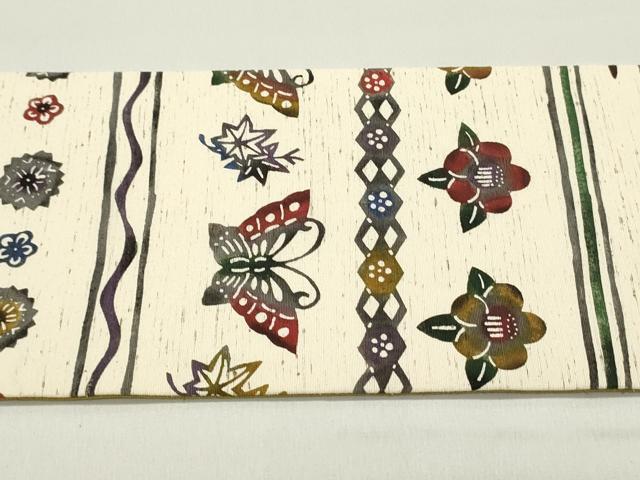 平和屋着物●九寸名古屋帯 作家物 ぜんまい紬 紅型 舞蝶花鳥間道 正絹 逸品 DAAY0051ob