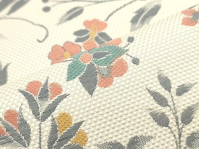 平和屋着物●本場筑前博多織　八寸名古屋帯　唐織　南天更紗花唐草文　象牙色　正絹　逸品　未使用　DAAY0072ob