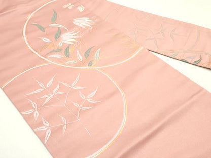 平和屋着物●九寸名古屋帯　舞蝶草花丸文　退紅色　金糸　正絹　逸品　DAAY0088ob