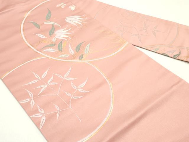 平和屋着物●九寸名古屋帯　舞蝶草花丸文　退紅色　金糸　正絹　逸品　DAAY0088ob