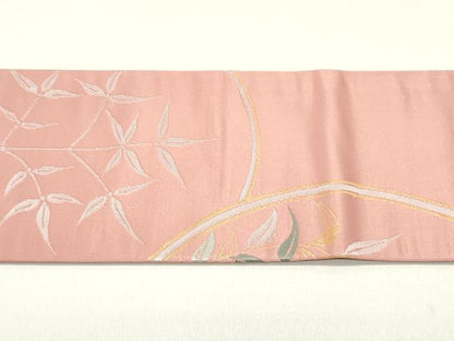 平和屋着物●九寸名古屋帯　舞蝶草花丸文　退紅色　金糸　正絹　逸品　DAAY0088ob