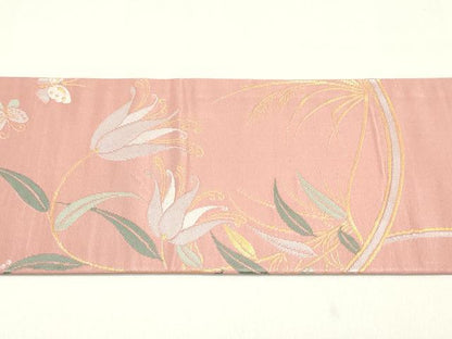 平和屋着物●九寸名古屋帯　舞蝶草花丸文　退紅色　金糸　正絹　逸品　DAAY0088ob
