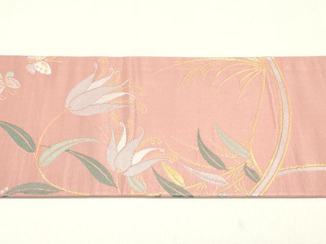 平和屋着物●九寸名古屋帯　舞蝶草花丸文　退紅色　金糸　正絹　逸品　DAAY0088ob