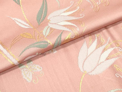 平和屋着物●九寸名古屋帯　舞蝶草花丸文　退紅色　金糸　正絹　逸品　DAAY0088ob