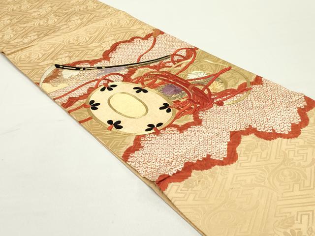 平和屋着物●アンティーク　大正ロマン　丸帯　絞り　駒刺繍　檜扇花鼓文　金糸　正絹　逸品　DAAY0102ob