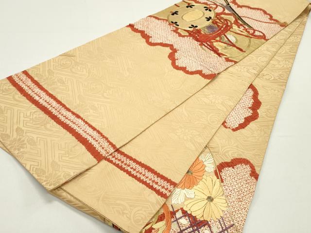 平和屋着物●アンティーク　大正ロマン　丸帯　絞り　駒刺繍　檜扇花鼓文　金糸　正絹　逸品　DAAY0102ob
