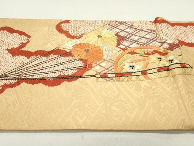 平和屋着物●アンティーク　大正ロマン　丸帯　絞り　駒刺繍　檜扇花鼓文　金糸　正絹　逸品　DAAY0102ob