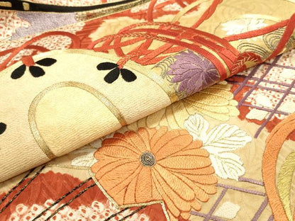 平和屋着物●アンティーク　大正ロマン　丸帯　絞り　駒刺繍　檜扇花鼓文　金糸　正絹　逸品　DAAY0102ob