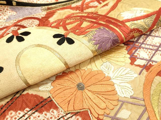 平和屋着物●アンティーク　大正ロマン　丸帯　絞り　駒刺繍　檜扇花鼓文　金糸　正絹　逸品　DAAY0102ob