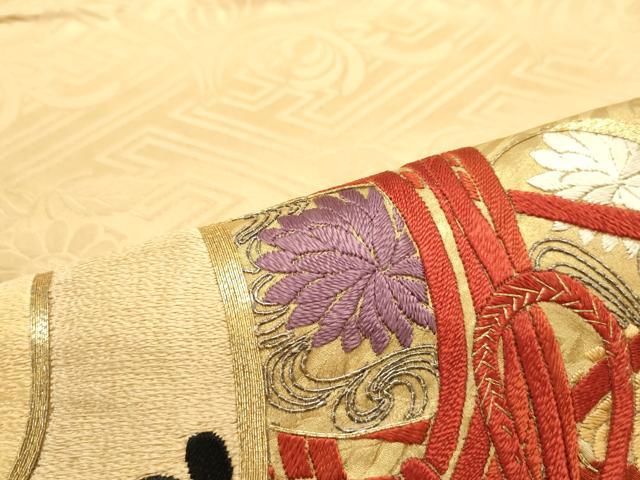 平和屋着物●アンティーク　大正ロマン　丸帯　絞り　駒刺繍　檜扇花鼓文　金糸　正絹　逸品　DAAY0102ob