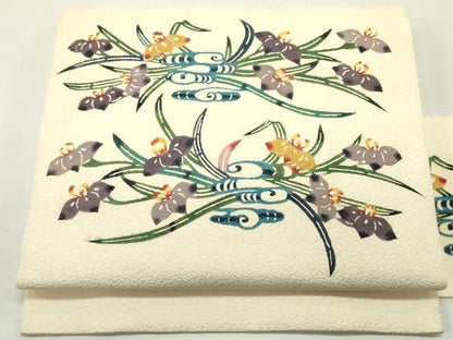 平和屋着物●塩瀬 九寸名古屋帯 紅型 草花文 薄卵色 正絹 逸品 DAAY0119ob