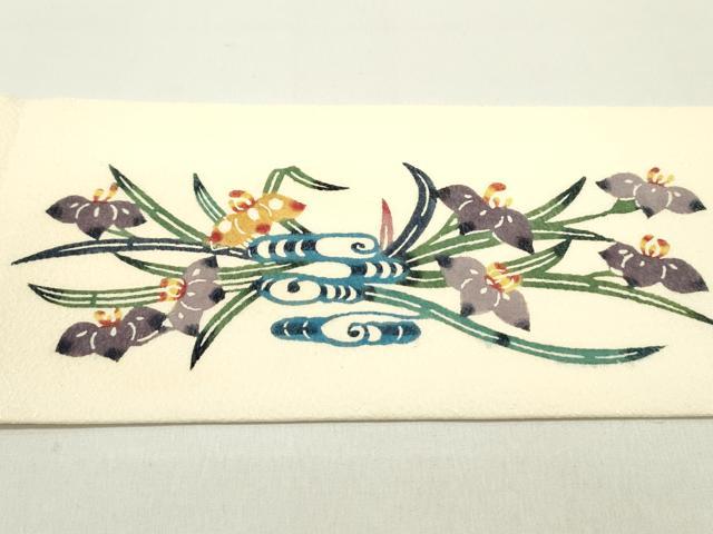 平和屋着物●塩瀬 九寸名古屋帯 紅型 草花文 薄卵色 正絹 逸品 DAAY0119ob