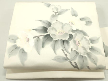 平和屋着物●塩瀬　九寸名古屋帯　作家者　手描き　草花文　象牙色　正絹　逸品　DAAY0165ob