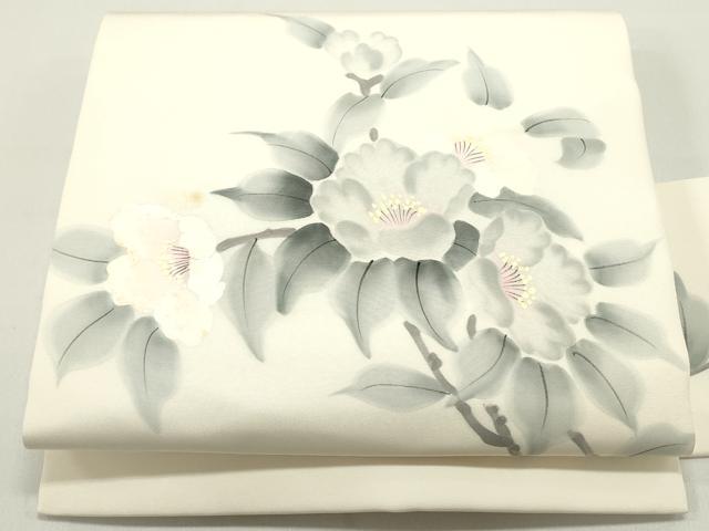 平和屋着物●塩瀬　九寸名古屋帯　作家者　手描き　草花文　象牙色　正絹　逸品　DAAY0165ob