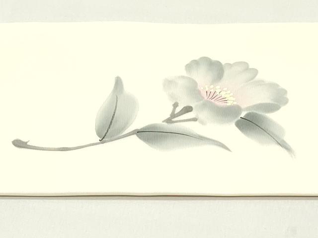 平和屋着物●塩瀬　九寸名古屋帯　作家者　手描き　草花文　象牙色　正絹　逸品　DAAY0165ob