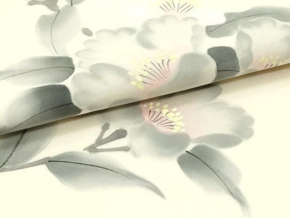 平和屋着物●塩瀬　九寸名古屋帯　作家者　手描き　草花文　象牙色　正絹　逸品　DAAY0165ob