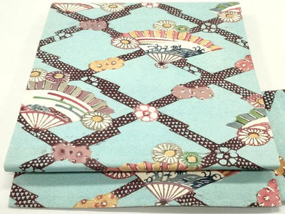 平和屋着物●九寸名古屋帯 型染め 松皮菱舞扇文 お召縮緬 正絹 逸品 DAAY0168ob