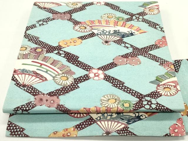 平和屋着物●九寸名古屋帯 型染め 松皮菱舞扇文 お召縮緬 正絹 逸品 DAAY0168ob