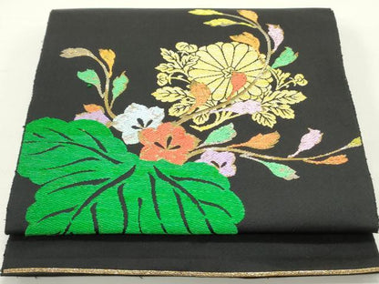 平和屋着物●八寸名古屋帯 吉祥桐菊文 黒地 金糸 正絹 逸品 DAAY0173ob
