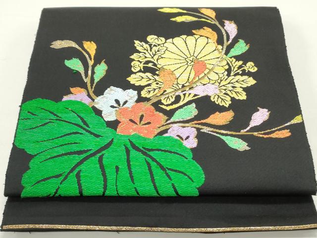 平和屋着物●八寸名古屋帯 吉祥桐菊文 黒地 金糸 正絹 逸品 DAAY0173ob