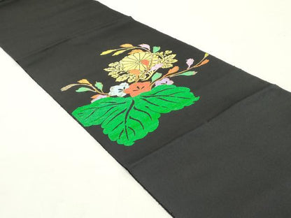 平和屋着物●八寸名古屋帯 吉祥桐菊文 黒地 金糸 正絹 逸品 DAAY0173ob