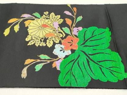 平和屋着物●八寸名古屋帯 吉祥桐菊文 黒地 金糸 正絹 逸品 DAAY0173ob