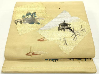 平和屋着物●爪掻き本綴れ　太鼓柄袋帯　色紙重ね風景鳥文　芥子色　金銀糸　正絹　逸品　DAAY0175ob
