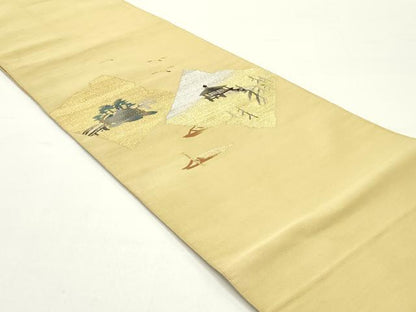 平和屋着物●爪掻き本綴れ　太鼓柄袋帯　色紙重ね風景鳥文　芥子色　金銀糸　正絹　逸品　DAAY0175ob
