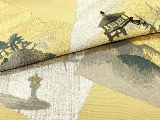 平和屋着物●爪掻き本綴れ　太鼓柄袋帯　色紙重ね風景鳥文　芥子色　金銀糸　正絹　逸品　DAAY0175ob