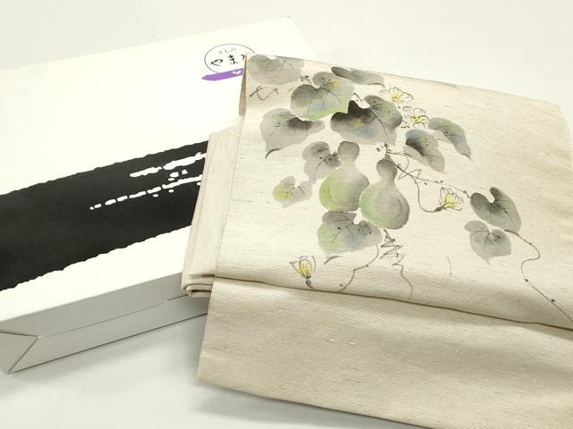平和屋着物●ワンタッチ つけ帯 手描き 紬地 瓢箪 蔦の葉花文 亜麻色 やまと誂製 箱付き 正絹 逸品 未使用 DAAY0183ob