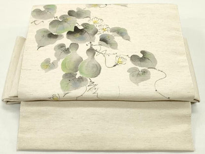 平和屋着物●ワンタッチ つけ帯 手描き 紬地 瓢箪 蔦の葉花文 亜麻色 やまと誂製 箱付き 正絹 逸品 未使用 DAAY0183ob