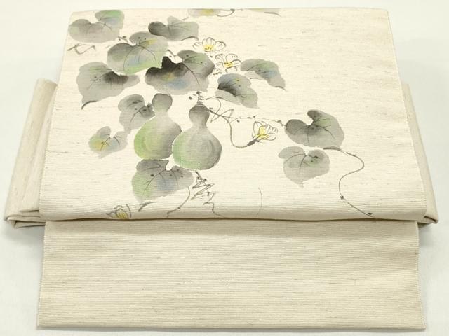 平和屋着物●ワンタッチ つけ帯 手描き 紬地 瓢箪 蔦の葉花文 亜麻色 やまと誂製 箱付き 正絹 逸品 未使用 DAAY0183ob