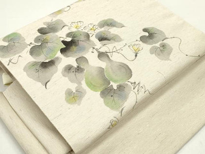 平和屋着物●ワンタッチ つけ帯 手描き 紬地 瓢箪 蔦の葉花文 亜麻色 やまと誂製 箱付き 正絹 逸品 未使用 DAAY0183ob