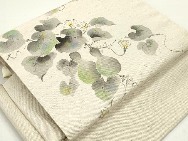平和屋着物●ワンタッチ つけ帯 手描き 紬地 瓢箪 蔦の葉花文 亜麻色 やまと誂製 箱付き 正絹 逸品 未使用 DAAY0183ob