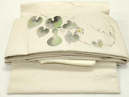 平和屋着物●ワンタッチ つけ帯 手描き 紬地 瓢箪 蔦の葉花文 亜麻色 やまと誂製 箱付き 正絹 逸品 未使用 DAAY0183ob